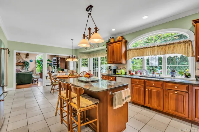 a kitchen with stainless steel appliances granite countertop a sink and a refrigerator