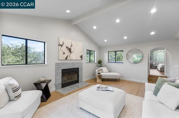 a living room with furniture and a fireplace