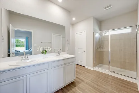 a bathroom with a double vanity sink mirror and shower