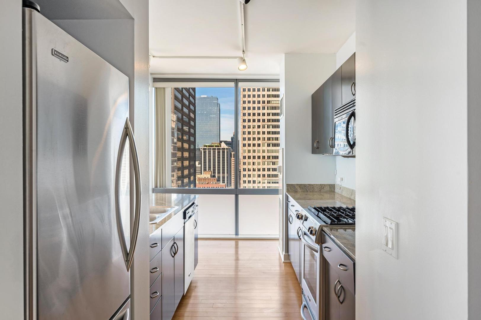 8 East Randolph Street, Unit 3108 Chicago, IL 60601 - Photo 6 of 17 a kitchen with stainless steel appliances granite countertop a refrigerator and a stove