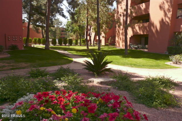 4303 East Cactus Road, Unit 116 Phoenix, AZ 85032 - Photo 29 of 35 a view of a fountain in a yard with palm trees