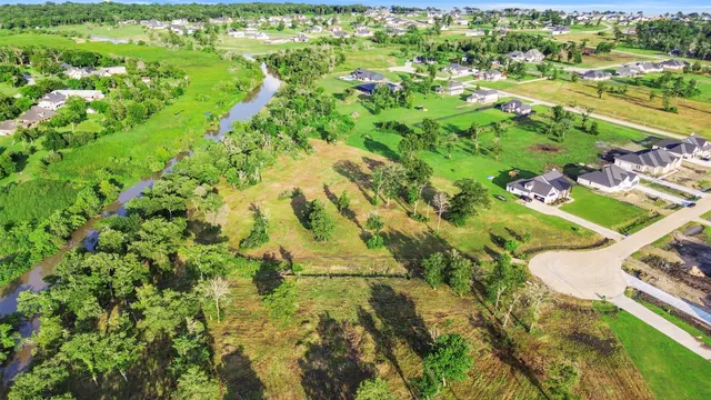 an aerial view of residential houses with outdoor space and trees