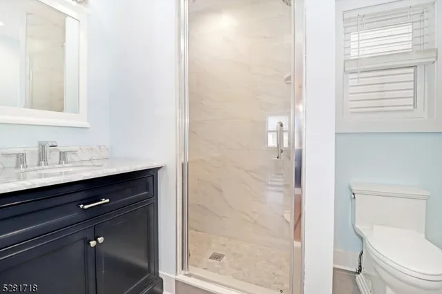 a bathroom with a sink a toilet a shower and a mirror