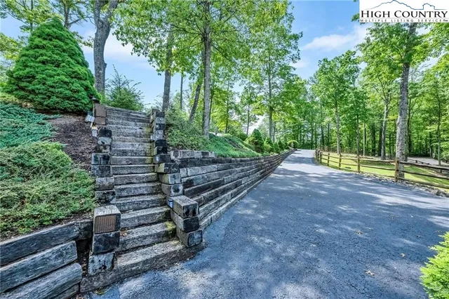 a view of a park with large trees