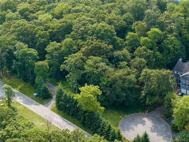 an aerial view of residential houses with outdoor space and trees