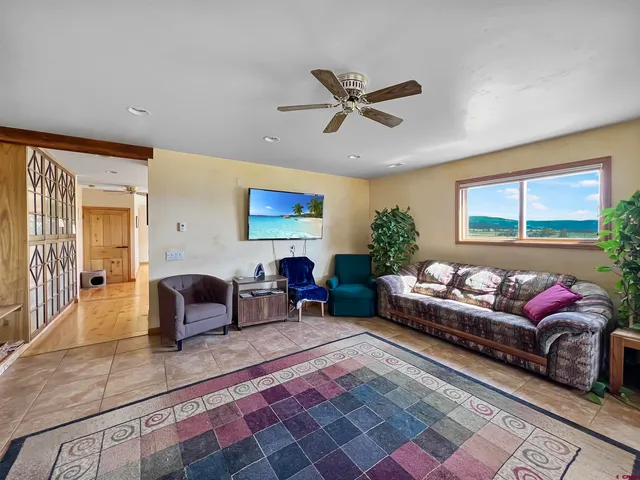 a living room with furniture ceiling fan and a rug