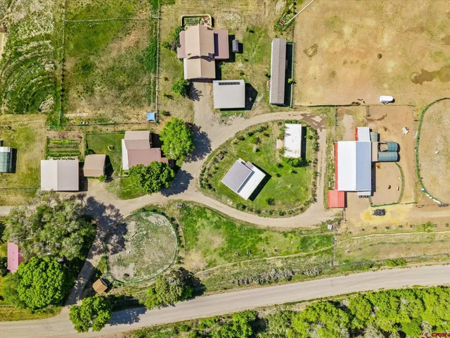 an aerial view of a house with a garden and large trees