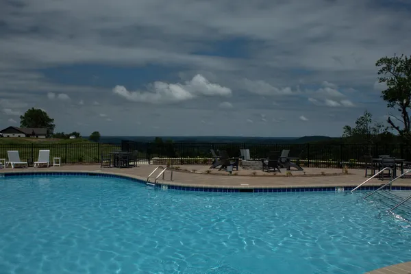 a view of a swimming pool with lawn chairs and plants