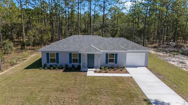 a aerial view of a house with large trees
