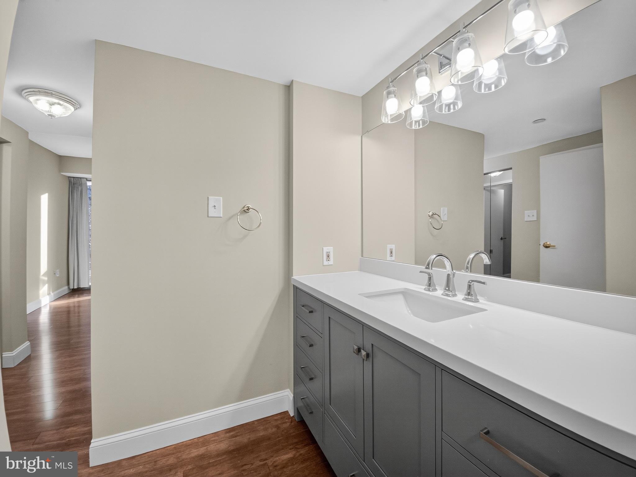 1530 Key Boulevard, Unit 517 Arlington, VA 22209 - Photo 32 of 50 a bathroom with a double vanity sink and a mirror