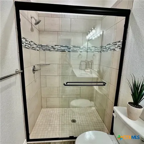 a bathroom with a shower toilet and sink