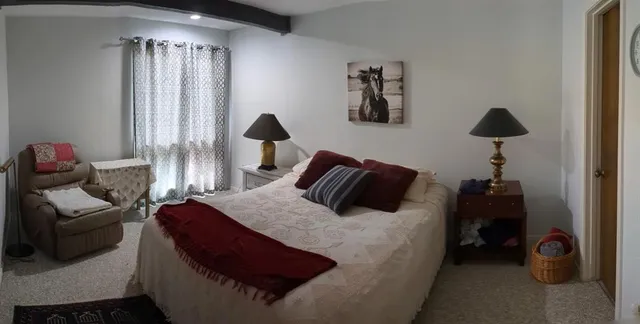 a bedroom with a bed and a window