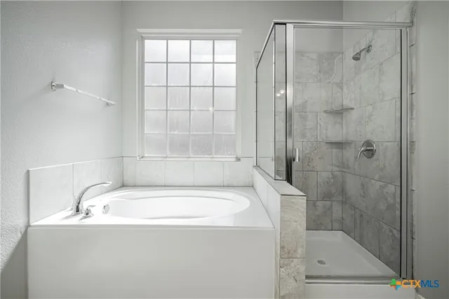 a bathroom with a tub and shower