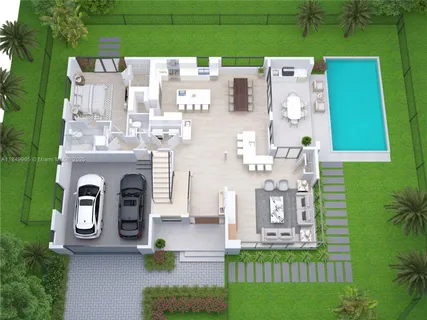 a aerial view of a house with a swimming pool