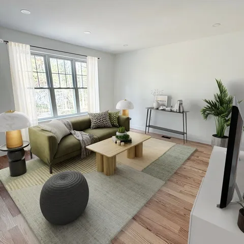 a living room with furniture and a potted plant