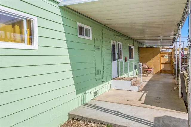 a porch with seating space