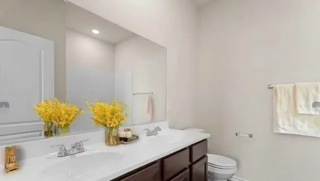 a bathroom with a granite countertop sink a toilet and mirror