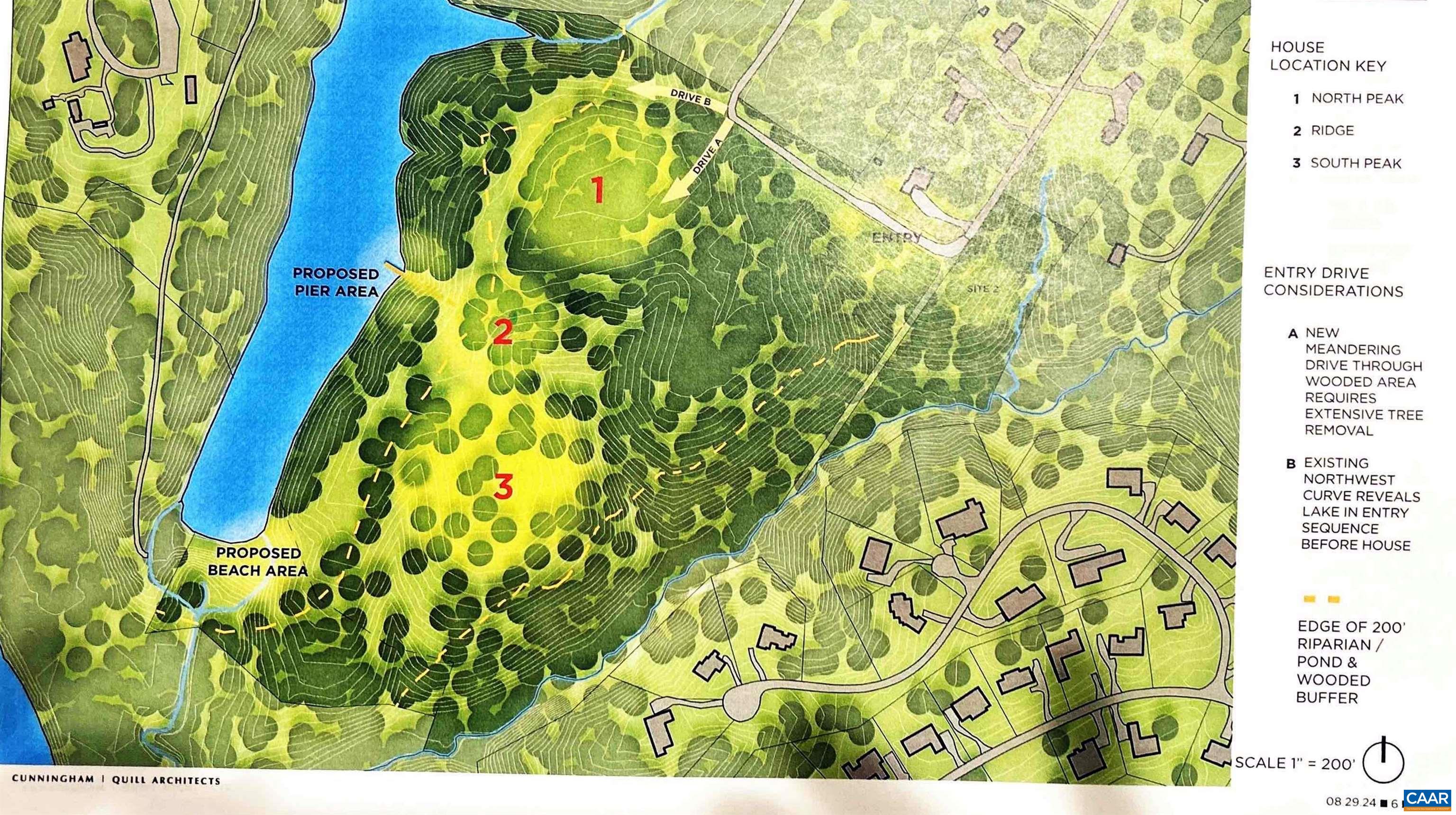 42 Shadwell Road Keswick, VA 22947 - Photo 13 of 15 Site study, Cunningham Quill Architects, 2024. Three building sites, proposed pier and beach, entry drive options. Conceptual.