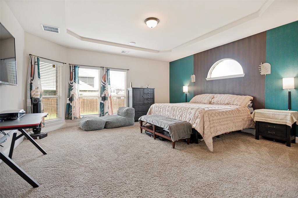 413 Frontier Court Midlothian, TX 76065 - Photo 16 of 26 Generously sized primary bedroom with a tray ceiling, abundant natural light, neutral carpet, and a distinctive arched transom window accent.