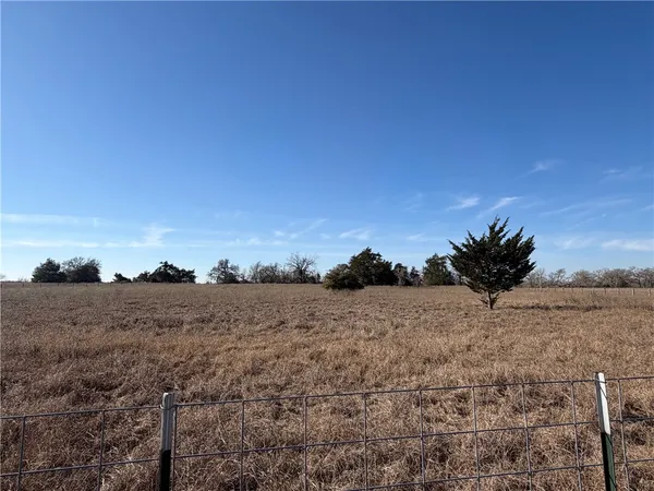 a view of a dry yard with wooden fence