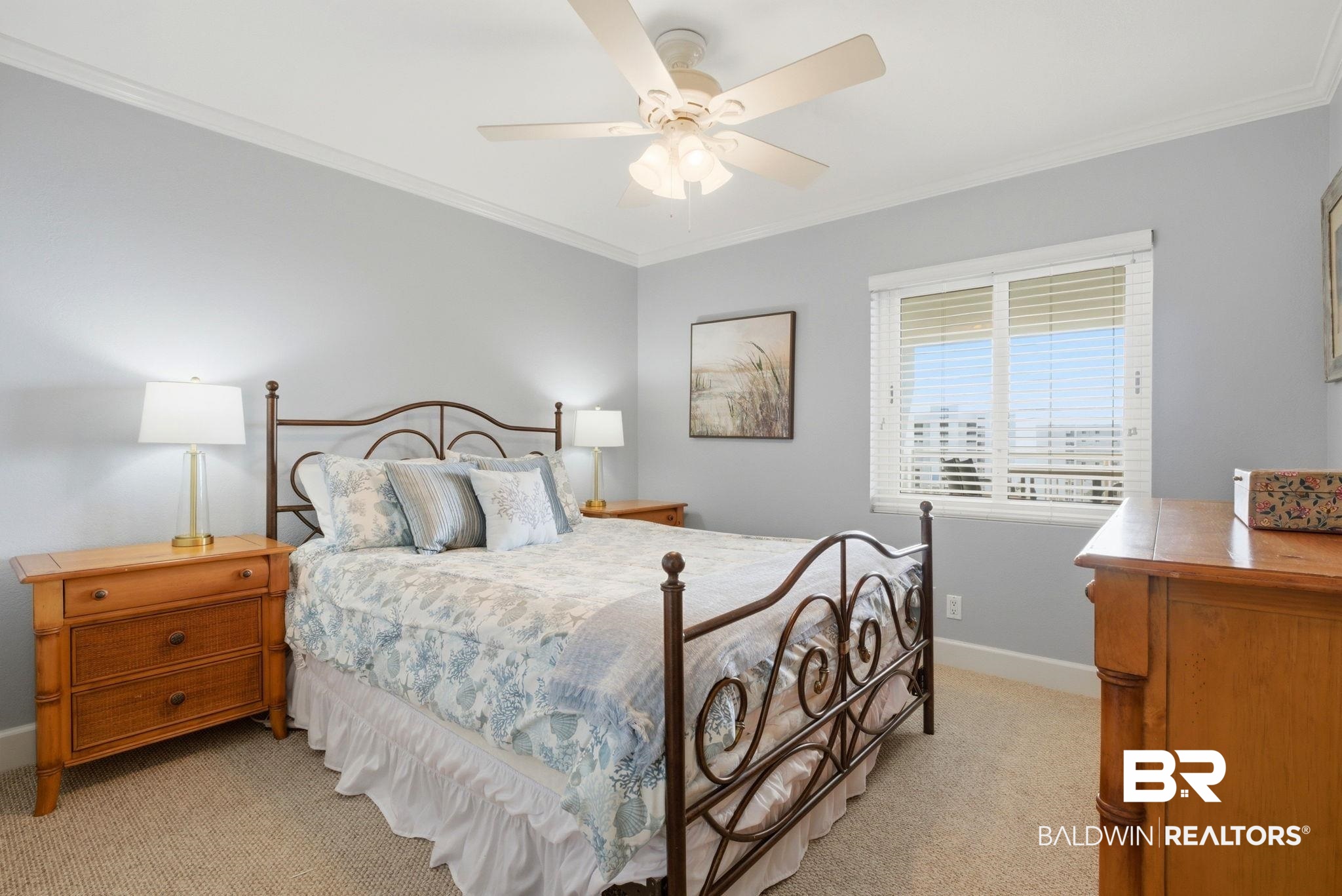 16284 Perdido Key Drive, Unit 912 Perdido Key, FL 32507 - Photo 35 of 49 Bedroom with ornamental molding, light carpet, and ceiling fan