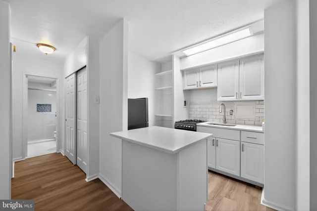 a kitchen with a sink cabinets and wooden floor