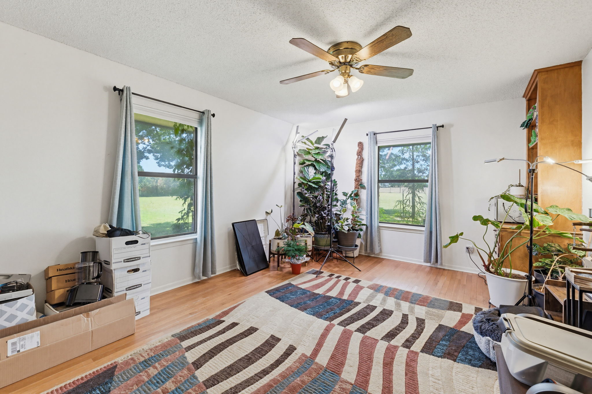 120 Rae Lane Jarrell, TX 76537 - Photo 29 of 40 Bright room featuring wood-finish flooring, white walls, and a ceiling fan with integrated lighting