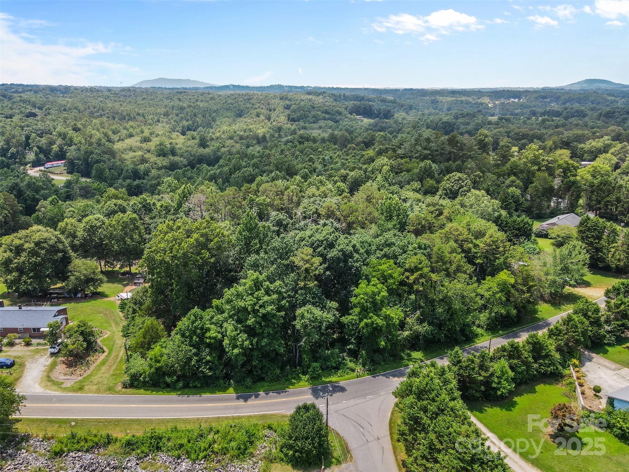 an aerial view of green landscape with trees houses and mountain view