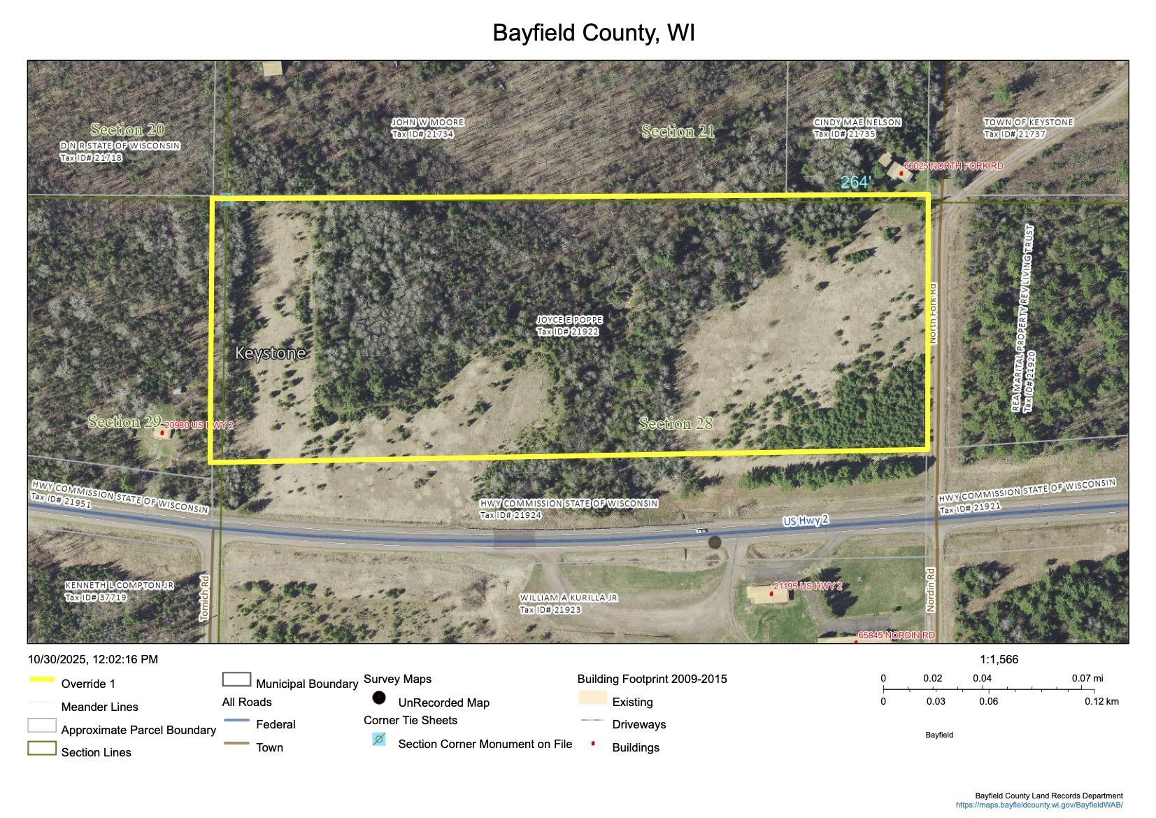Aerial overview of property's location with property parcel outlined