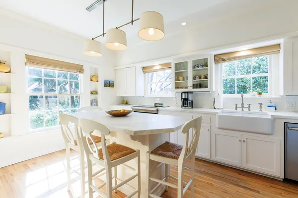a outdoor dining space with furniture