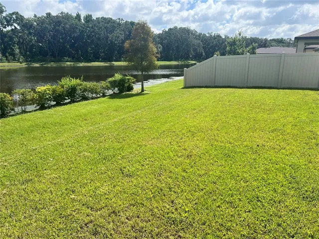 a view of a garden with a bench in the background