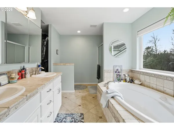 a bathroom with a tub sink and mirror