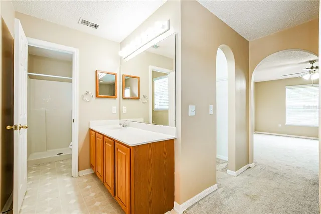 a bathroom with a sink a mirror and a shower