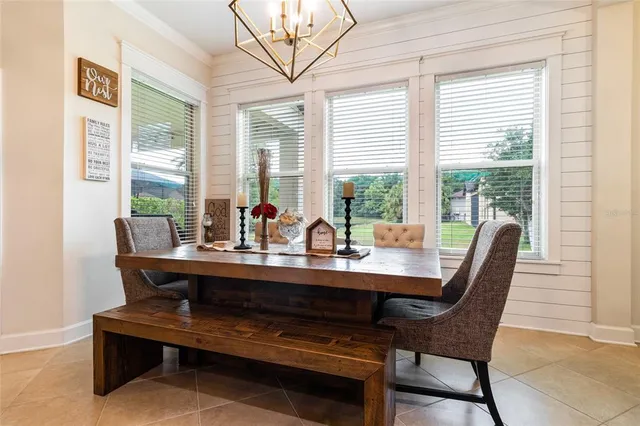 a view of a dining room with furniture window and outside view