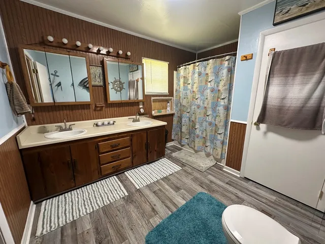 a bathroom with a sink a toilet a mirror and shower