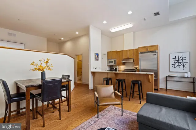 a view of a dining room with furniture