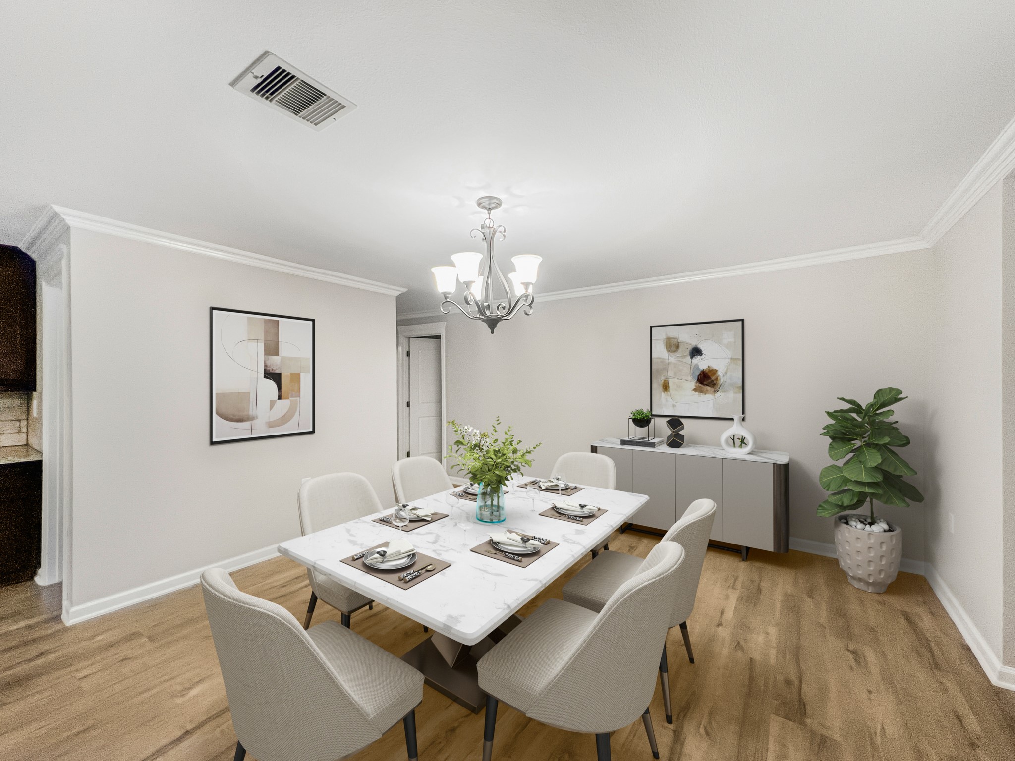 9731 Hadden Road Baytown, TX 77521 - Photo 19 of 47 a view of a dining room with furniture wooden floor and a chandelier