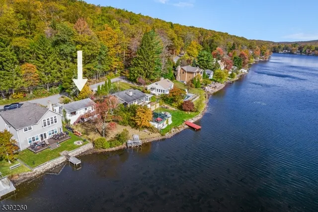 a view of a lake with beach