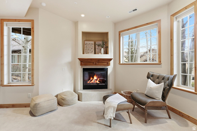 3026 Lower Saddleback Road Park City, UT 84098 - Photo 21 of 71 Sitting room with plenty of natural light, carpet, and a glass covered fireplace