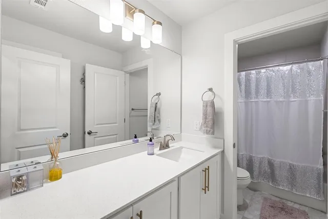 a bathroom with a sink a toilet and shower