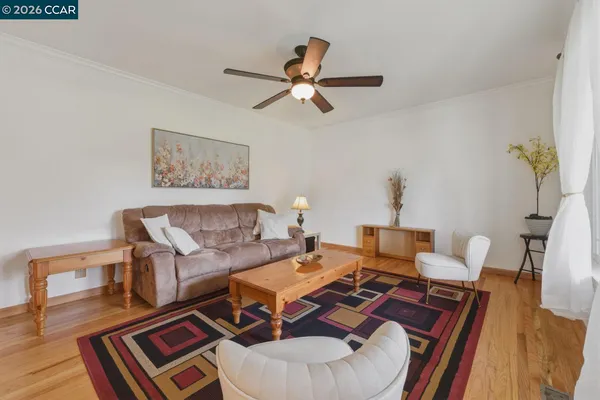 a living room with furniture a rug and a window