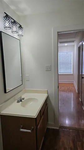 a bathroom with a sink vanity and a mirror