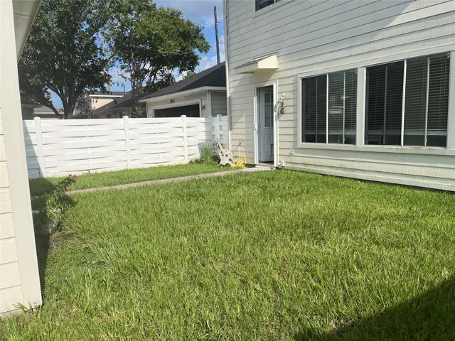 a view of a backyard with plants and large tree