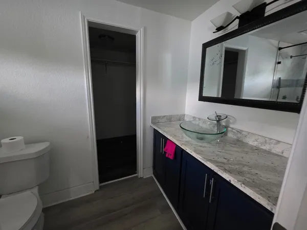 a bathroom with a granite countertop sink and a mirror