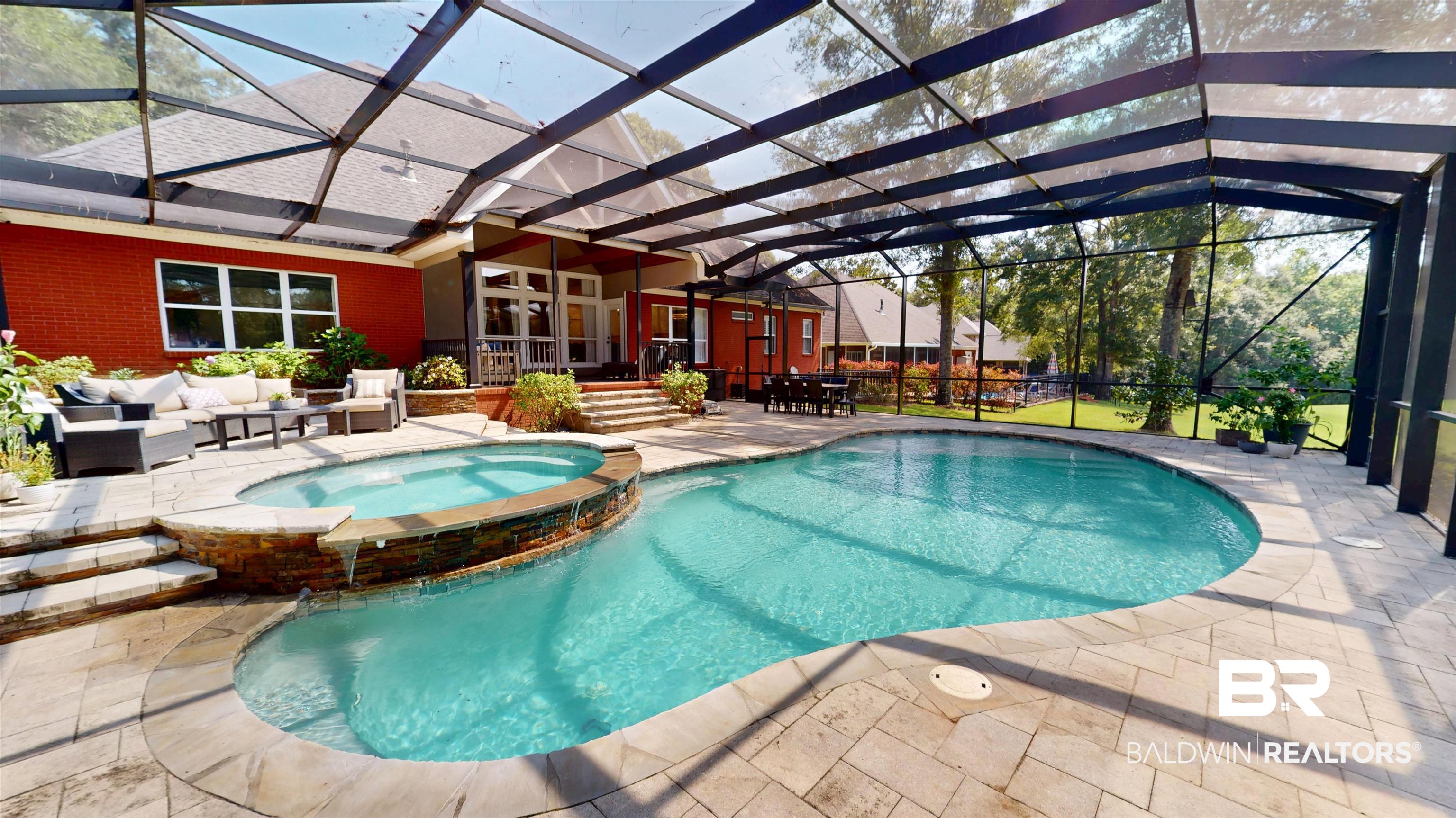 8775 Dawes Lake Road North Mobile, AL 36619 - Photo 41 of 59 View of pool with a patio area, a pool with connected hot tub, an outdoor hangout area, and a lanai