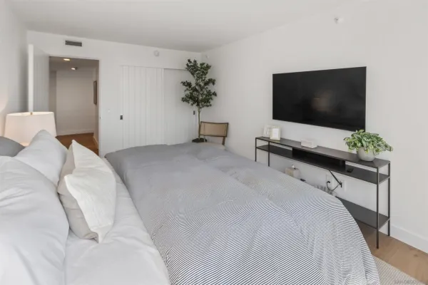a bedroom with a flat screen tv and a potted plant