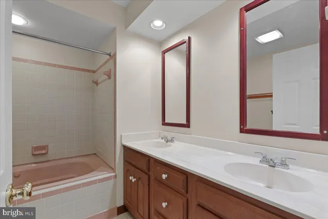 a bathroom with a tub sink and mirror
