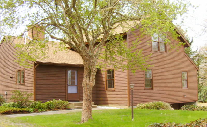 a view of a house with a yard and potted plants