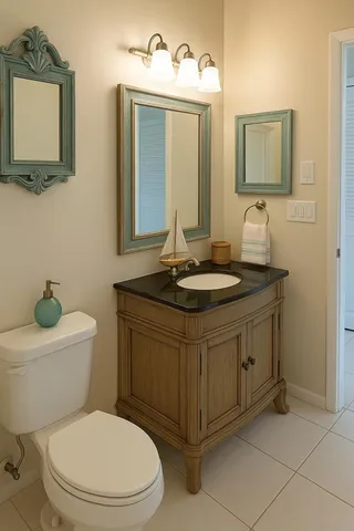 a bathroom with a toilet sink and mirror