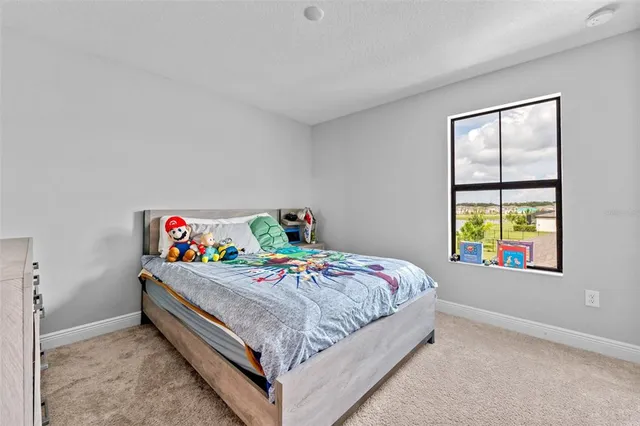 a bedroom with a bed and a flat tv screen on dresser